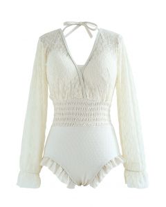 Lacy Long Sleeves Shirred  Ruffle Swimsuit in Cream