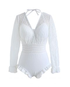 Lacy Long Sleeves Shirred  Ruffle Swimsuit in White