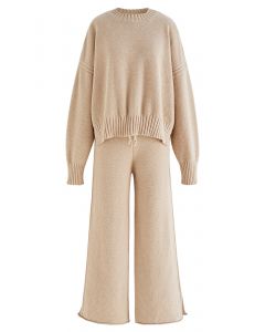 Waffle Knit Hi-Lo Sweater and Wide Leg Pants Set in Camel