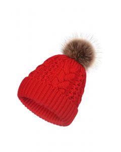 Pom-Pom Trim Braided Knit Beanie Hat in Red