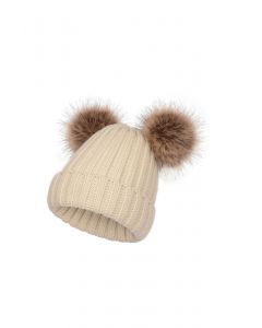 Fuzzy Pom-Pom Knit Beanie Hat in Sand