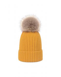 Pom-Pom Ribbed Knit Beanie Hat in Mustard