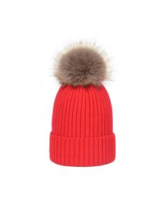 Pom-Pom Ribbed Knit Beanie Hat in Red