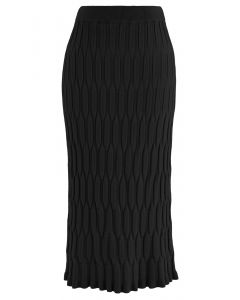 Embossed Texture Knit Pencil Skirt in Black
