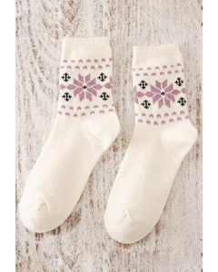 Snowflake Pattern Crew Socks in White