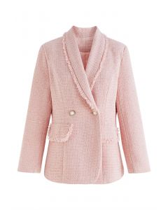 Shawl Collar Fringed Edge Tweed Blazer in Pink