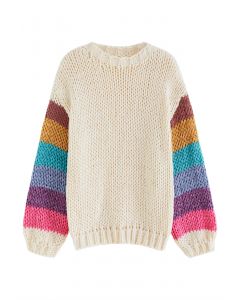 Colorblock-Sleeve Hand Knit Sweater