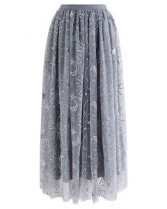 Moon and Star Sequin-Embellished Tulle Maxi Skirt in Grey
