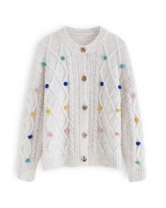 Colorful Pom-Pom Diamond Knit Cardigan in Ivory