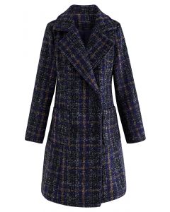 Retro Plaid Double-Breasted Wool-Blend Coat in Navy