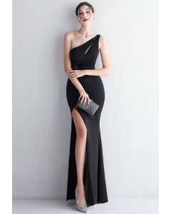 One Shoulder Cutout Slit Gown in Black