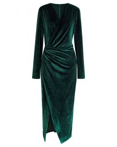 Glittery Velvet Wrap Midi Dress in Emerald