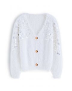 Fluffy V-Neck Sequins Buttoned Crop Cardigan in White