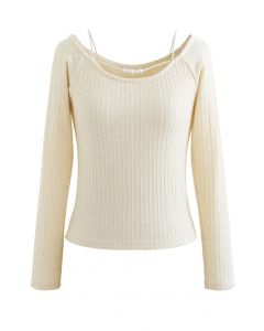 Bead Trim Cold-Shoulder Crop Knit Top in Cream