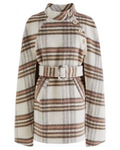 Plaid Side Buttons Belted Wool-Blend Cape Coat