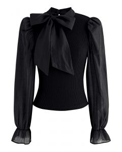 Detachable Bowknot Spliced Knit Top in Black