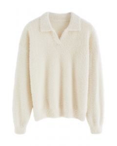 Collar V-Neck Fuzzy Knit Sweater in Cream
