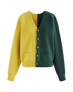 Bicolor V-Neck Button-Up Cardigan in Green