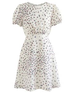 Posy Print Padded Shoulder Mini Dress in White