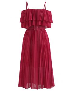 Tiered Cold-Shoulder Pleated Belted Dress in Red