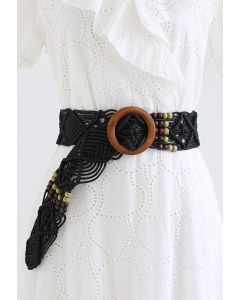 Wooden Buckle Bead Decor Woven Belt in Black