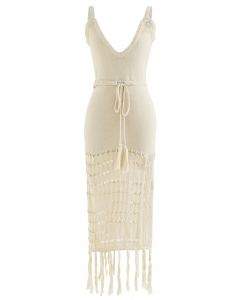 Hollow Out Tassel Split Knit Cover Up in Camel