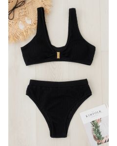 Front Fastening Textured Black Bikini Set