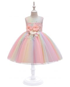 3D Flower Pastel Mesh Princess Dress in Pink For Kids