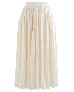 Glimmer Pleated Elastic Waist Midi Skirt in Cream