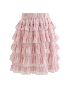 Tiered Ruffle Chiffon Skirt in Pink