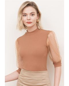 Flock Dots Elbow Sleeves Ribbed Top in Caramel