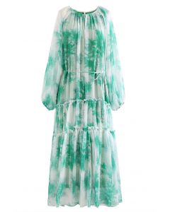 Hazy Floral Ruffle Trim Chiffon Maxi Dress in Green
