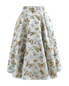 Butterfly Jacquard A-Line Midi Skirt in Silver