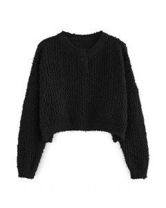 Buttoned Hollow Out Knit Crop Top in Black