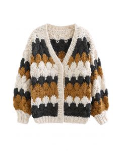 Color Blocked V-Neck Hand-Knit Chunky Cardigan in Smoke