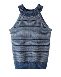 Buttoned Halter Neck Striped Knit Tank Top