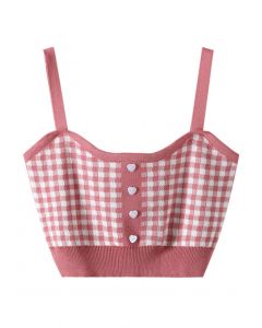 Heart Button Gingham Knit Cami Top in Coral