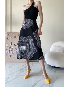 Abstract Printed A-Line Midi Skirt in Black