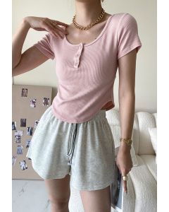 Buttoned Neck Ribbed Crop Top in Pink