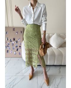 Hollow Out Crochet Split Pencil Skirt in Green