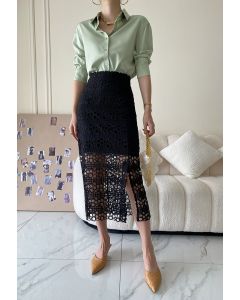Hollow Out Crochet Split Pencil Skirt in Black