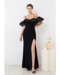 Tiered Mesh Ruffle Cold-Shoulder Split Mermaid Gown in Black