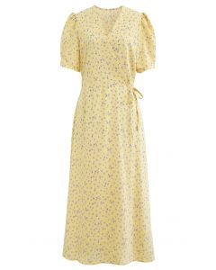 Rambling Floret Tie Waist Wrapped Dress in Yellow