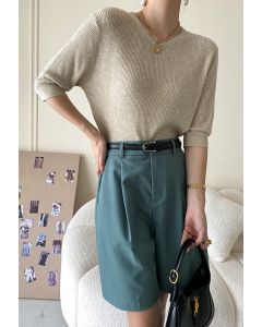 Round Neck Elbow Sleeve Knit Top in Linen
