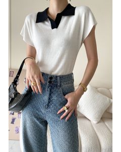 Contrast Collar Short Sleeve Knit Top in White