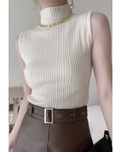 Mock Neck Sleeveless Textured Knit Top in White