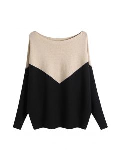 Two-Tone Boat Neck Batwing Sleeve Sweater in Camel
