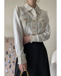 Tweed Spliced Button Down Shirt in White