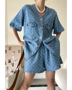 Modern Puff Sleeve Denim Top and Shorts Set in Blue