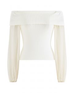 Off-Shoulder Sheer Sleeves Knit Crop Top in Cream